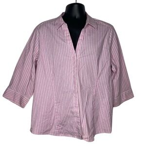 Riders by Lee Striped Long Sleeve Blouse (Size:1X, Color:Pink/Gray/White)